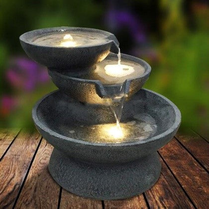 GARDEN STONE FINISH CASCADING SAUCER FOUNTAIN with LED lights